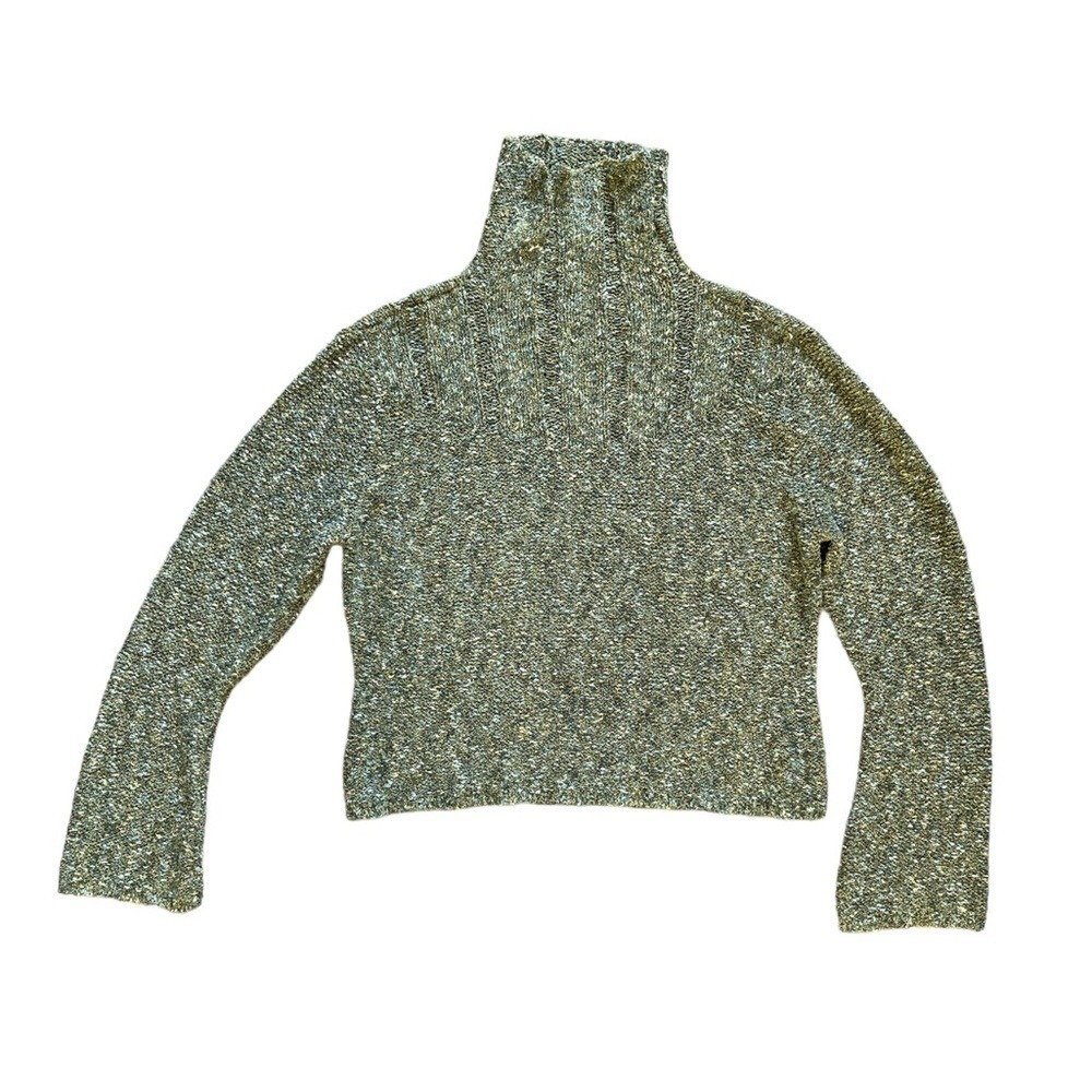 J. Jill Mock Neck Sweater Womens LP Green Marled Chunky Knit Cotton Blend Crop